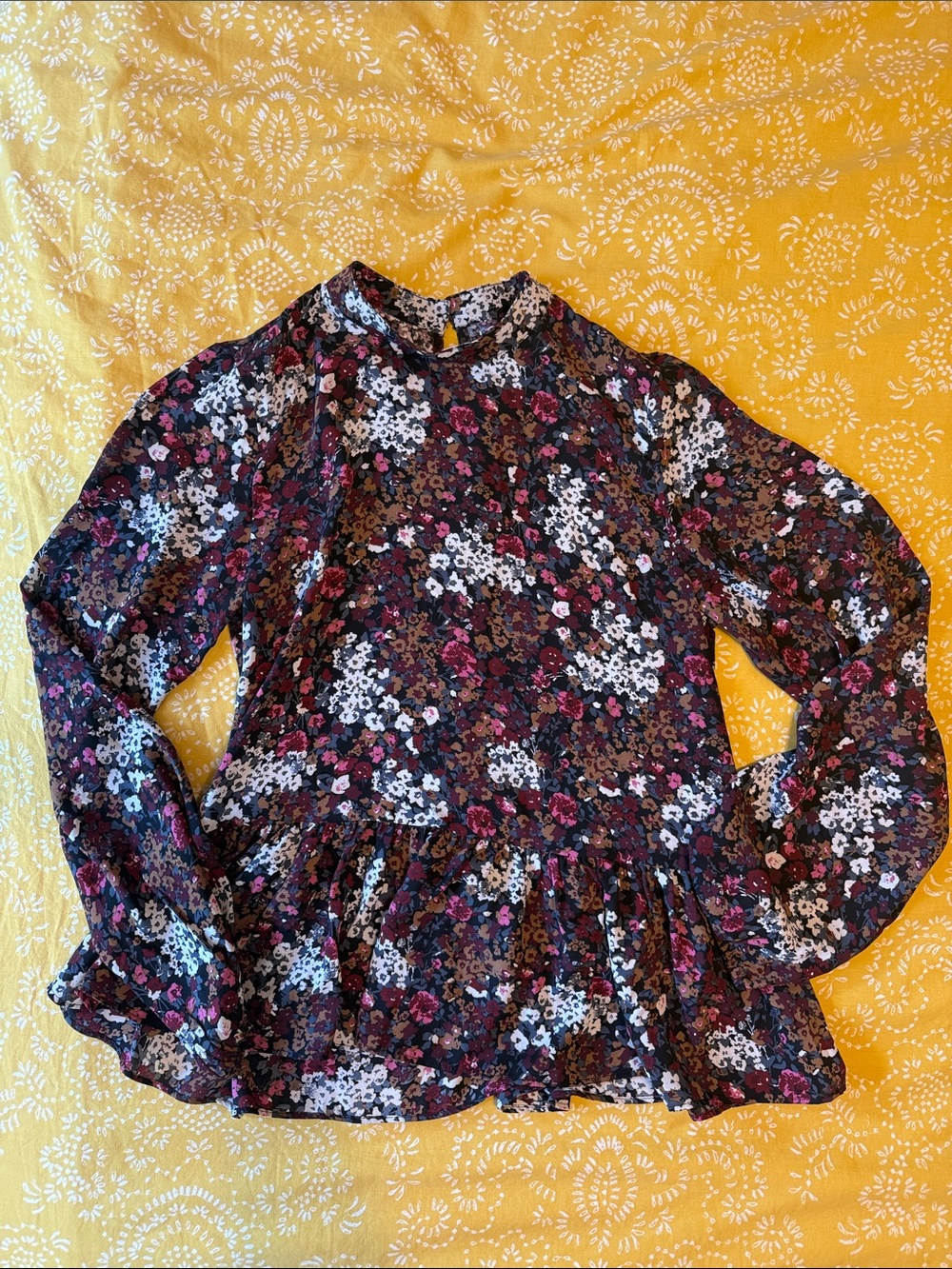 LOFT Black Floral Peplum Long-Sleeve Blouse